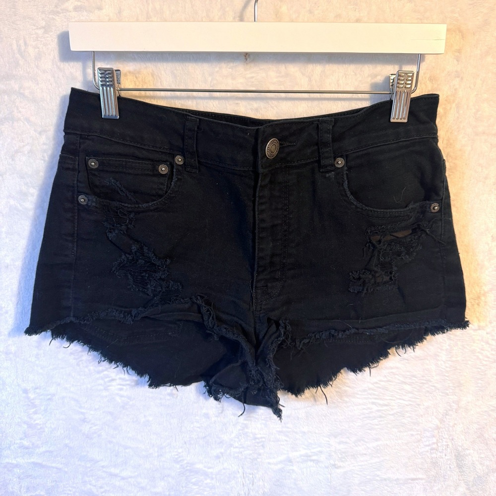 American Eagle Denim Shorts Distressed Ripped Size 8 Black Womens